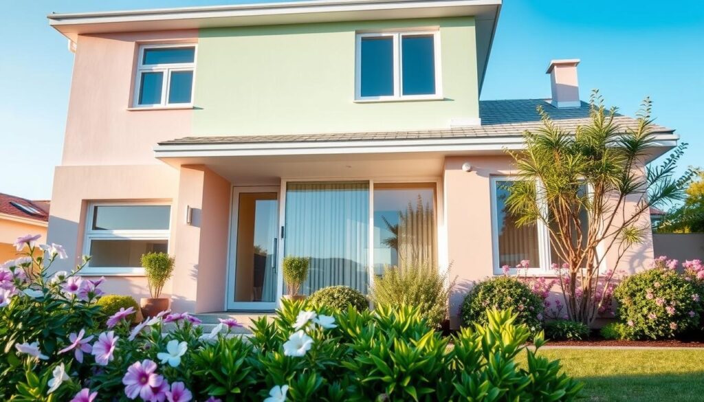 A modern house facade showcasing the latest color trends for 2024, featuring a harmonious combination of soft pastel shades like mint green, pale pink, and light blue on the exterior walls. In the foreground, lush greenery and blooming flowers add vibrancy, while a well-manicured garden creates a welcoming atmosphere. The middle section captures large windows and contemporary design elements, reflecting natural light, emphasizing the elegant color palette. The background consists of a clear blue sky, enhancing the cheerful mood of the scene. The image should be captured from a slightly elevated angle to provide an expansive view of the house and its surroundings, with soft, warm lighting throughout.