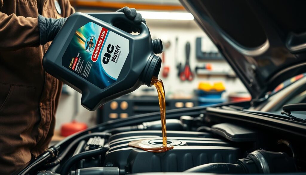 A person, wearing a mechanic's overall and gloves, is pouring fresh motor oil from a large, branded container into the engine bay of a car. Focus on the hands, holding the oil container delicately, with a generous splash of oil pouring into the oil filler neck. The background features a well-lit garage with tools on the walls and a workbench, emphasizing a clean and organized workspace. Soft, warm lighting creates a sense of safety and professionalism, highlighting the shiny engine parts. A slight angle shot captures the details of the oil container's label and the engine components, conveying a practical and informative atmosphere suitable for a car maintenance context.