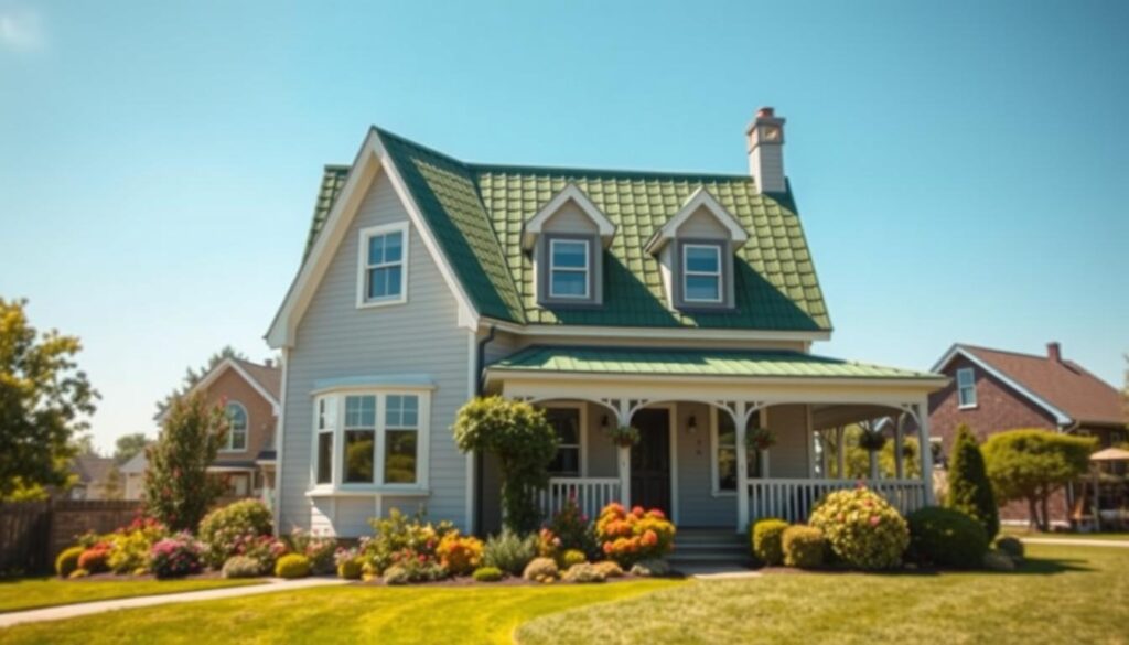 A picturesque house featuring a charming green roof set against a serene backdrop. The foreground showcases a classic facade painted in timeless colors such as soft cream, light gray, and muted beige, complementing the green roof beautifully. In the middle ground, a well-kept garden with colorful flowers and ornamental shrubs enhances the appeal of the home. The background reveals a bright blue sky, adding a sense of openness and tranquility. The sunlight bathes the scene in warm, natural light, casting gentle shadows that add depth. Capture this image with a slightly elevated angle to emphasize the harmony between the classic facade and the green roof, evoking a welcoming and peaceful atmosphere. A picturesque house featuring a charming green roof set against a serene backdrop. The foreground showcases a classic facade painted in timeless colors such as soft cream, light gray, and muted beige, complementing the green roof beautifully. In the middle ground, a well-kept garden with colorful flowers and ornamental shrubs enhances the appeal of the home. The background reveals a bright blue sky, adding a sense of openness and tranquility. The sunlight bathes the scene in warm, natural light, casting gentle shadows that add depth. Capture this image with a slightly elevated angle to emphasize the harmony between the classic facade and the green roof, evoking a welcoming and peaceful atmosphere.