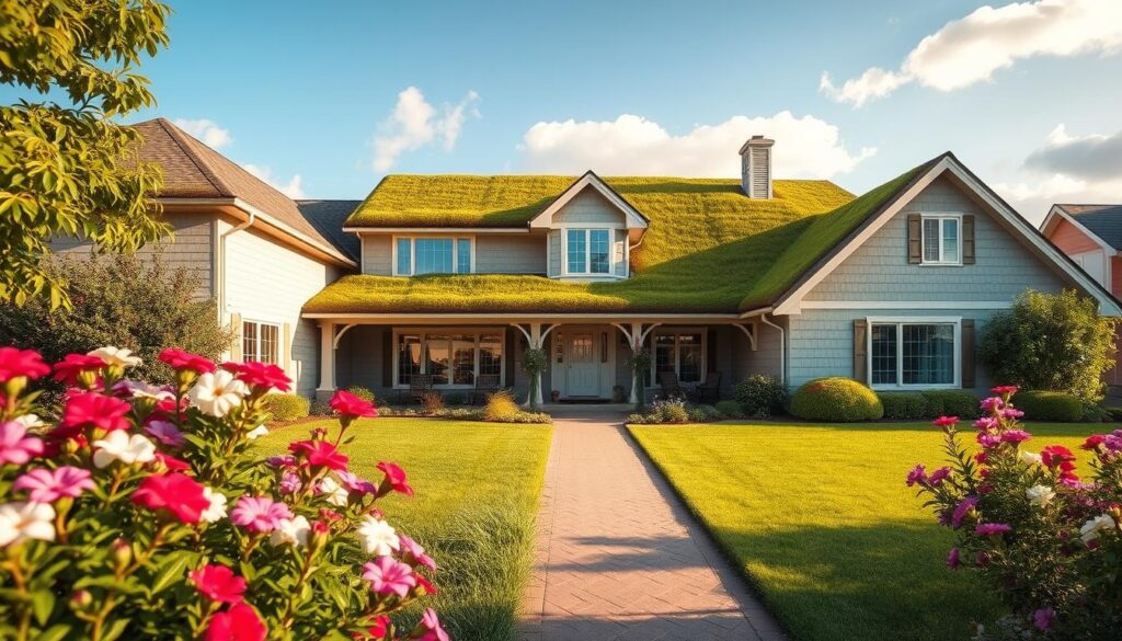 A picturesque suburban house with a green roof, showcasing ideal exterior color combinations. In the foreground, vibrant flowers and lush greenery enhance the home's curb appeal. The building’s facade features a mix of soft beige and cool gray tones, harmonizing beautifully with the rich green of the roof. The middle ground presents a well-manicured lawn leading to a charming pathway. The background consists of a clear blue sky with a few fluffy clouds, creating a serene atmosphere. The image is bathed in warm, natural lighting, emphasizing the textures of the materials used on the facade. Capture this scene from a slightly elevated angle to provide a comprehensive view, focusing on the harmonious color palette that complements the green roof.