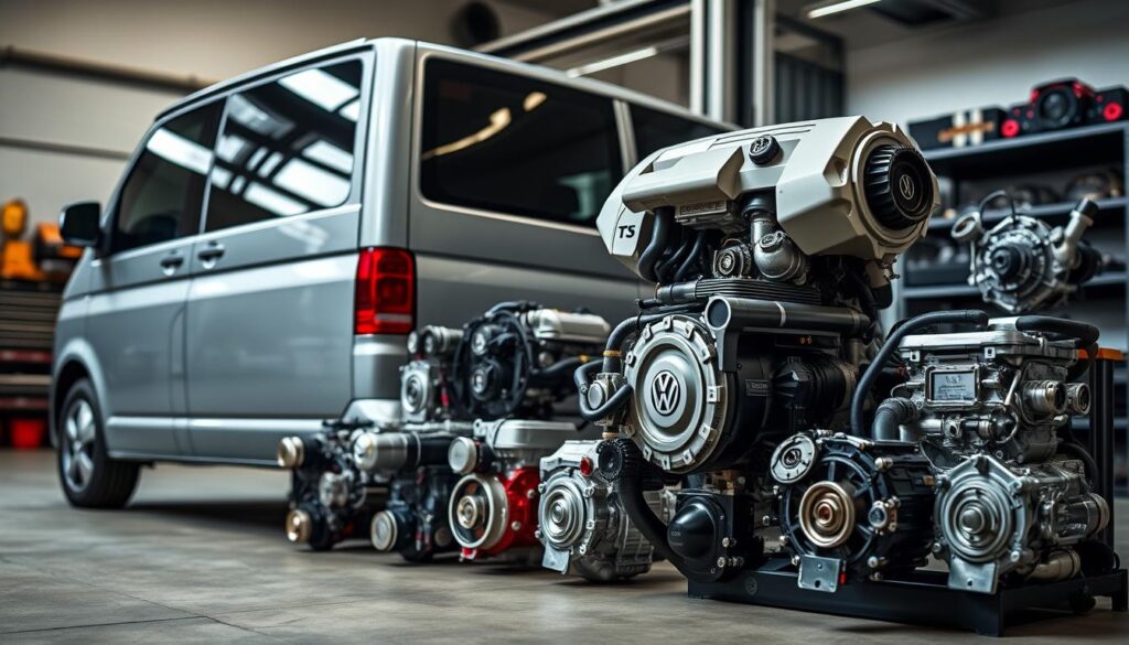 A powerful and dynamic image showcasing the most potent engine options available for the VW T5. In the foreground, a sleek, modern VW T5 van with an impressive engine partially visible under the hood, displaying intricate mechanical details and polished metal components. In the middle ground, an array of diverse engine types – both petrol and diesel – arranged artistically, highlighting their unique features and specifications. The background features a hint of an automotive workshop, softly blurred to keep the focus on the vehicles and engines. Soft natural lighting enhances the details, while a low angle shot conveys a sense of strength and performance. The overall mood is professional and technical, aimed at automotive enthusiasts looking to explore engine options. A powerful and dynamic image showcasing the most potent engine options available for the VW T5. In the foreground, a sleek, modern VW T5 van with an impressive engine partially visible under the hood, displaying intricate mechanical details and polished metal components. In the middle ground, an array of diverse engine types – both petrol and diesel – arranged artistically, highlighting their unique features and specifications. The background features a hint of an automotive workshop, softly blurred to keep the focus on the vehicles and engines. Soft natural lighting enhances the details, while a low angle shot conveys a sense of strength and performance. The overall mood is professional and technical, aimed at automotive enthusiasts looking to explore engine options.