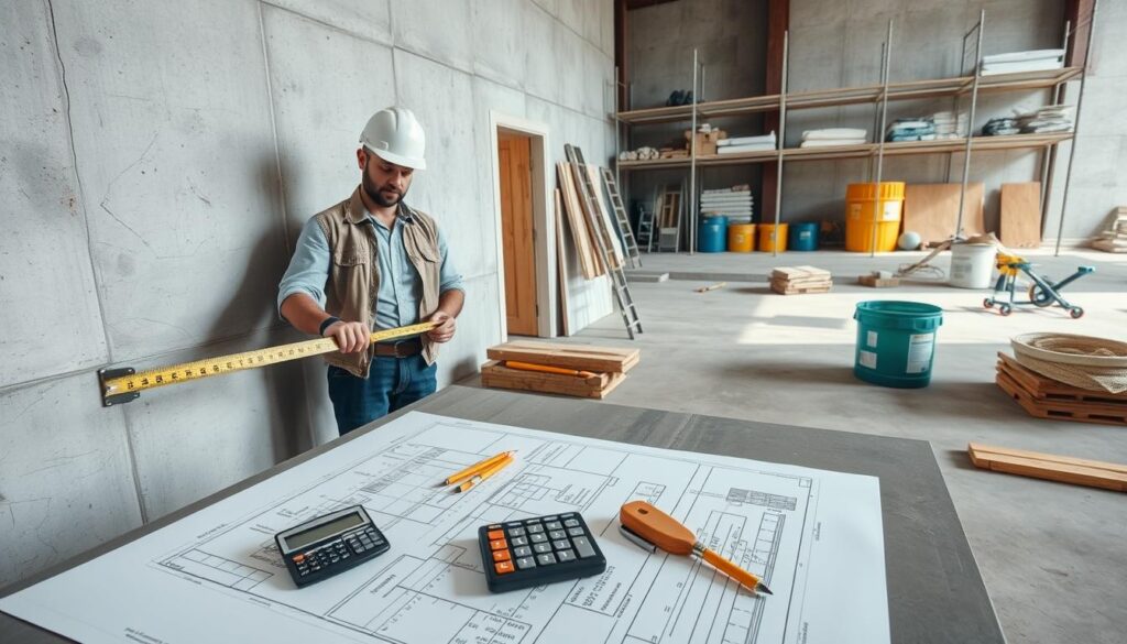 A professional-grade image depicting a construction site where workers in modest casual clothing are calculating the amount of gruntu needed for a façade. In the foreground, a construction worker is holding a measuring tape against a wall with a textured surface. The middle ground features a large blueprint laid out on a table with precise measurements, alongside tools like a calculator, pencil, and square. In the background, there is scaffolding and containers of different materials, with tools and supplies organized neatly. The lighting is bright and natural, creating a clear and focused atmosphere, reminiscent of a well-lit workspace. The angle is slightly elevated, providing a comprehensive view of the scene, emphasizing professionalism and attention to detail. A professional-grade image depicting a construction site where workers in modest casual clothing are calculating the amount of gruntu needed for a façade. In the foreground, a construction worker is holding a measuring tape against a wall with a textured surface. The middle ground features a large blueprint laid out on a table with precise measurements, alongside tools like a calculator, pencil, and square. In the background, there is scaffolding and containers of different materials, with tools and supplies organized neatly. The lighting is bright and natural, creating a clear and focused atmosphere, reminiscent of a well-lit workspace. The angle is slightly elevated, providing a comprehensive view of the scene, emphasizing professionalism and attention to detail.
