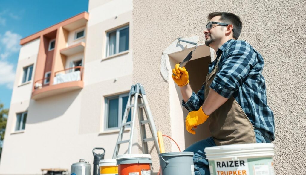 A professional handyman repairing cracks in a textured building facade, showcasing effective repair techniques. In the foreground, focus on the handyman applying a patching compound to a noticeable crack in the wall, holding a trowel and wearing safety goggles and work gloves. In the middle ground, include a variety of tools commonly used for repair, such as a ladder, paint cans, and a bucket of mixed materials. The background reveals a partially renovated building, under clear blue skies and bright sunlight that casts gentle shadows. The scene should convey a sense of diligence and expertise, highlighting the importance of maintaining building aesthetics. The composition should be shot from a slightly elevated angle to capture the action effectively without overwhelming the viewer.