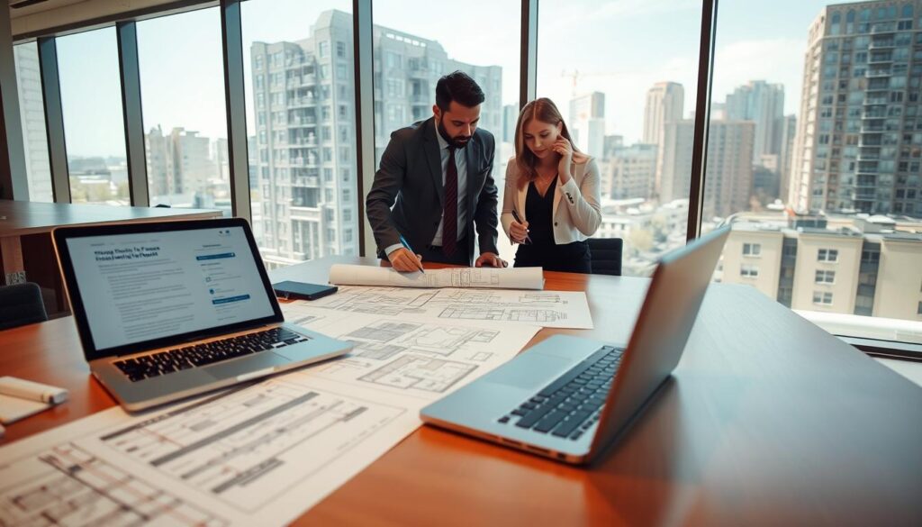 A professional office environment depicting the procedure for submitting a façade renovation request. In the foreground, a large table with architectural plans, sketches, and a laptop showing a digital form. A middle ground scene includes two individuals in business attire, one reviewing the plans while the other uses a pen to make notes, both showcasing a focus on collaboration. The background features a large window with natural light streaming in, revealing a cityscape with buildings undergoing renovations. The mood is serious yet hopeful, emphasizing professionalism and progress in urban development, with a warm color palette conveying a sense of positivity. The angle is slightly elevated, capturing the teamwork around the table and the aspirations reflected in the background.