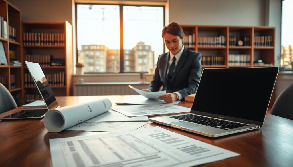 A professional office setting, with a focus on legal documents related to building renovation permits. In the foreground, a neatly arranged desk holds various paperwork – blueprints, forms, and a laptop showing a digital application for facade renovation. In the middle ground, a business professional in formal attire reviews the documents, looking focused and engaged. The background features a well-lit office space, with bookshelves filled with legal texts and a window showing a construction site outside. Warm, natural lighting filters through the window, creating a calm and productive atmosphere. The image conveys a sense of seriousness and professionalism, emphasizing the importance of legal formalities in building renovations.