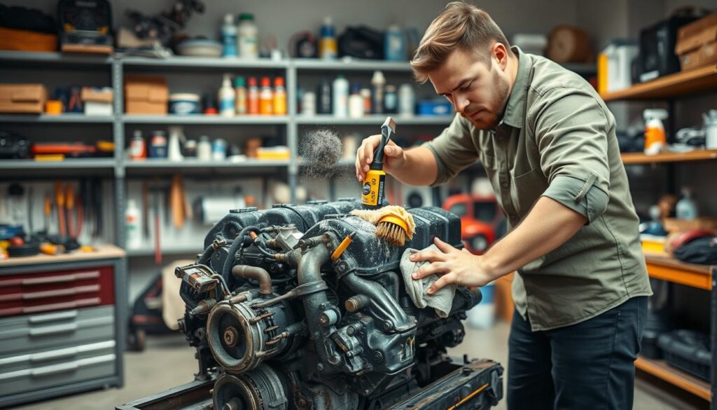 A professional, well-lit workshop featuring a person in modest casual clothing, actively cleaning an engine. The foreground highlights the individual using a cleaning solution and tools, such as brushes and rags, to remove old oil from the engine parts. In the middle, the engine sits on a sturdy workbench, showcasing its detailed components covered in grime and oil. The background features shelves stocked with various automotive tools and cleaning supplies, lending an organized yet slightly cluttered atmosphere typical of a DIY garage. The lighting is bright and focused, enhancing details and textures, while a camera angle from slightly above provides a clear view of the cleaning process. The mood is focused and industrious, capturing the essence of effective engine maintenance. A professional, well-lit workshop featuring a person in modest casual clothing, actively cleaning an engine. The foreground highlights the individual using a cleaning solution and tools, such as brushes and rags, to remove old oil from the engine parts. In the middle, the engine sits on a sturdy workbench, showcasing its detailed components covered in grime and oil. The background features shelves stocked with various automotive tools and cleaning supplies, lending an organized yet slightly cluttered atmosphere typical of a DIY garage. The lighting is bright and focused, enhancing details and textures, while a camera angle from slightly above provides a clear view of the cleaning process. The mood is focused and industrious, capturing the essence of effective engine maintenance.