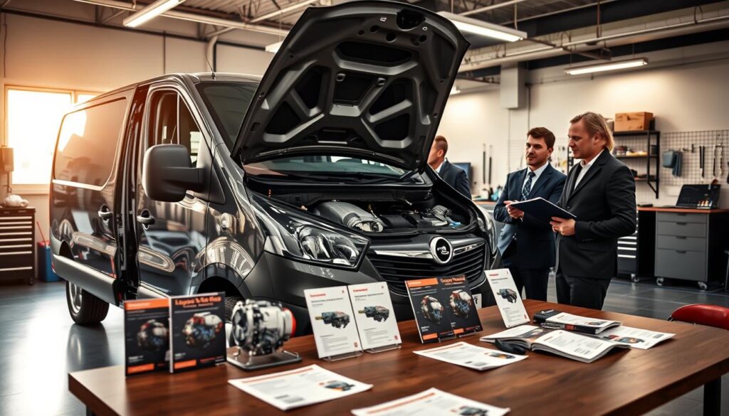 A professional workspace featuring a polished Opel Vivaro van, prominently displaying its engine compartment open, highlighting the engine choices available. In the foreground, a mechanic in smart casual attire points at the engine while discussing options with a client, who is looking inquisitive and taking notes. In the middle ground, there are various brochures and specifications on the table about different engine types for the Opel Vivaro, arranged neatly. The background features a well-lit automotive workshop with tools and equipment neatly organized, soft natural light filtering through a window, casting a warm glow. The mood is informative and collaborative, focusing on the decision-making process for selecting the best engine options for the van.