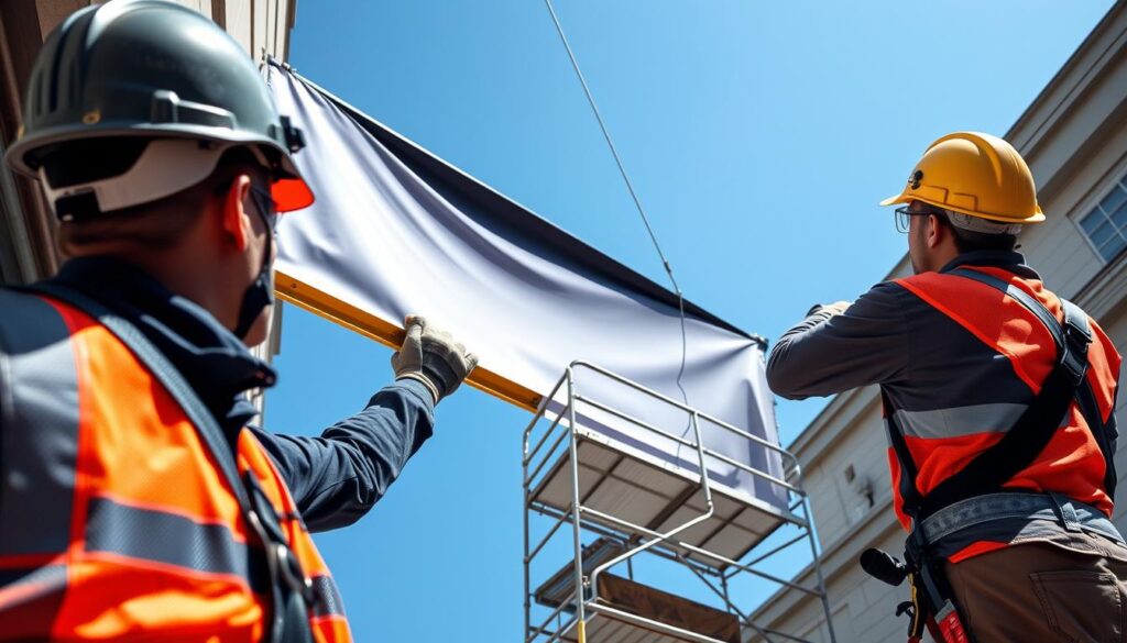 A safety-focused scene depicting the installation of a large outdoor banner. In the foreground, two workers in professional safety attire, including helmets and harnesses, carefully position the banner on a building façade. One is holding the banner, while the other is using a level to ensure it’s straight. In the middle ground, a scaffold is visible, securely placed with safety features like guardrails and safety nets. The background features a clear blue sky, emphasizing a bright, sunny day. Natural lighting casts gentle shadows, enhancing depth. The atmosphere conveys a sense of professionalism and teamwork, highlighting the importance of safety during the mounting process.