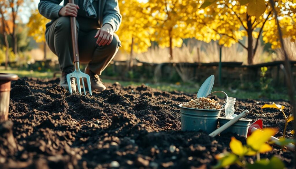 A serene autumn garden scene depicting the process of turning over soil in preparation for winter. In the foreground, a gardener dressed in modest casual clothing is kneeling beside a freshly turned bed of rich, dark soil, holding a garden fork. The middle layer showcases various garden tools, such as a trowel and a small bucket filled with organic fertilizer, emphasizing the nurturing aspect of the work. In the background, golden-leaved trees frame the scene under a soft, diffused afternoon sunlight that casts gentle shadows, creating a warm, inviting atmosphere. The image captures a tranquil moment of preparation and care for the garden, reflecting the essence of seasonal gardening practices. A serene autumn garden scene depicting the process of turning over soil in preparation for winter. In the foreground, a gardener dressed in modest casual clothing is kneeling beside a freshly turned bed of rich, dark soil, holding a garden fork. The middle layer showcases various garden tools, such as a trowel and a small bucket filled with organic fertilizer, emphasizing the nurturing aspect of the work. In the background, golden-leaved trees frame the scene under a soft, diffused afternoon sunlight that casts gentle shadows, creating a warm, inviting atmosphere. The image captures a tranquil moment of preparation and care for the garden, reflecting the essence of seasonal gardening practices.