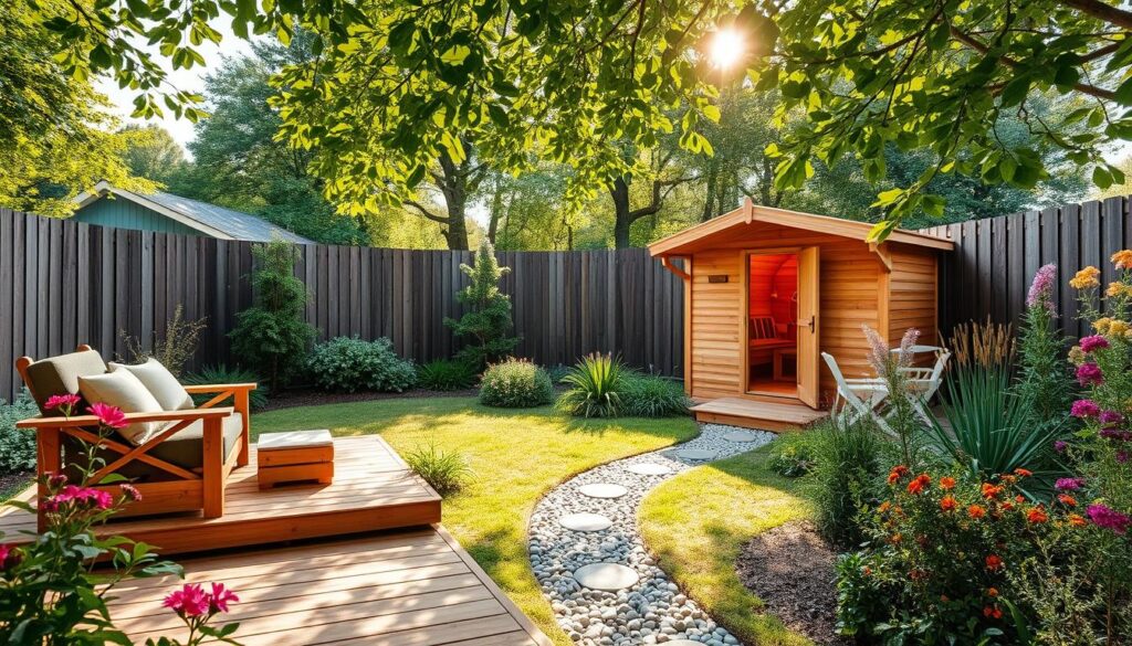 A serene backyard scene featuring a beautifully constructed wooden garden sauna, surrounded by lush greenery and colorful flowers. In the foreground, a quaint wooden deck with comfortable outdoor furniture invites relaxation. The sauna, crafted from warm-toned cedar wood, displays a traditional design with a small window that glows softly from the warm light inside, suggesting comfort and tranquility. In the middle ground, an inviting pathway lined with pebbles leads to the sauna, while gentle sunlight filters through the leaves above, casting dappled light on the ground. In the background, a tall fence provides privacy, and a few seasonal trees sway lightly in a gentle breeze, creating a peaceful atmosphere. The overall mood is calming and inviting, perfect for a garden retreat.