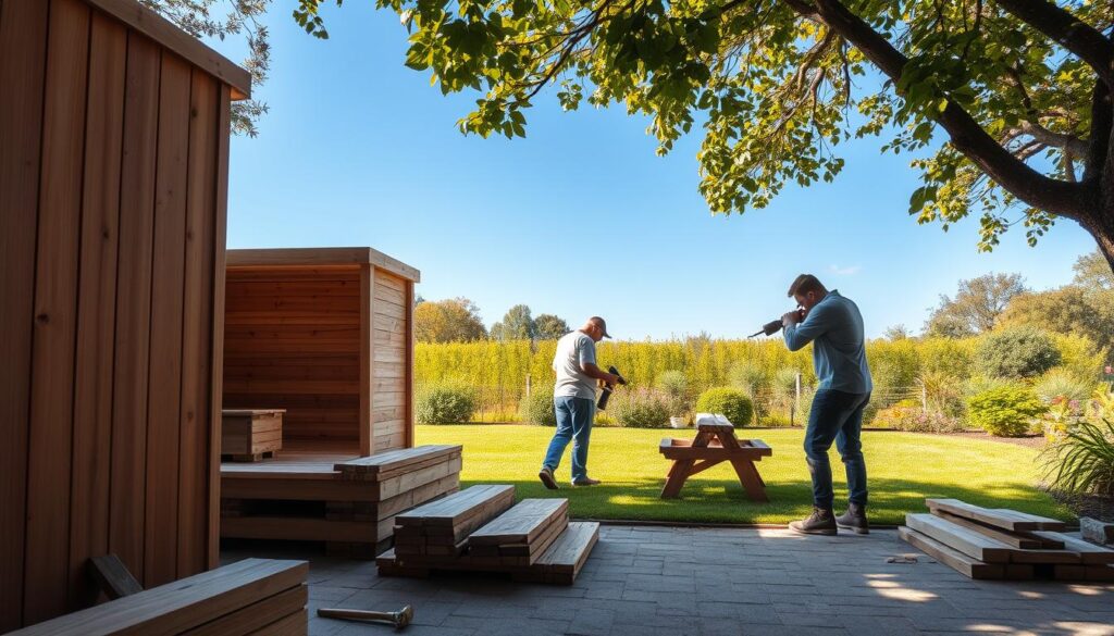 A serene backyard scene featuring the step-by-step construction of a wooden garden sauna. In the foreground, a partially assembled sauna made of rich cedar wood, with planks stacked neatly and tools like a hammer and saw beside it. In the middle ground, two craftsmen in modest casual clothing are working diligently, one measuring wood while the other is drilling. The background shows a beautiful garden with lush green grass, flowering plants, and a clear blue sky. Soft, warm sunlight filters through the trees, casting gentle shadows. The atmosphere is calm and focused, capturing the essence of a DIY project in nature. The angle is slightly elevated, providing a comprehensive view of the sauna and its surroundings.