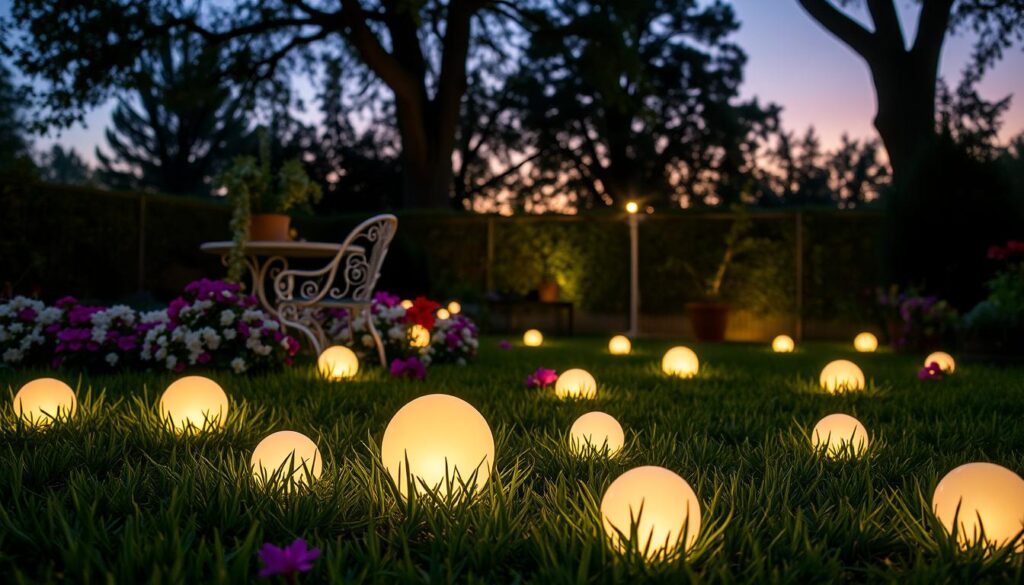 A serene garden illuminated by glowing orbs of light in various sizes, scattered throughout lush green grass and surrounded by vibrant blooming flowers. In the foreground, soft glowing spheres emit a warm, inviting light, creating a cozy atmosphere. The middle layer features blossoming plants and delicately designed garden furniture, hinting at an enchanting space. In the background, trees stand tall against a twilight sky, with the last hints of daylight fading away, casting gentle shadows. The image should be taken from a slightly elevated angle, showcasing the overall layout of the garden's illumination. The mood is peaceful and magical, evoking a sense of wonder and tranquility, perfect for a serene evening outdoors. Emphasize the interplay of light and natural elements without any text or distractions.