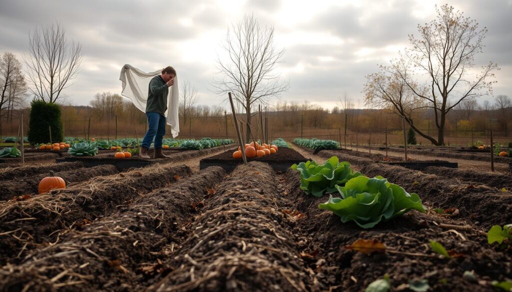 A serene garden landscape preparing for winter, showcasing a vegetable garden in the foreground. Rows of neatly turned soil, freshly mulched with straw and leaves, with colorful autumn vegetables like pumpkins and kale. In the middle ground, a gardener dressed in modest casual clothing is gently covering plants with frost cloths, their expression focused and industrious. The background features a faded autumn skyline with soft sunlight filtering through gray clouds, creating a tranquil atmosphere. A few bare trees with golden leaves contrast with the earthy tones of the garden. The scene is captured from a slight elevation, emphasizing the organization and preparation of the garden for the winter season, with a warm, inviting light. A serene garden landscape preparing for winter, showcasing a vegetable garden in the foreground. Rows of neatly turned soil, freshly mulched with straw and leaves, with colorful autumn vegetables like pumpkins and kale. In the middle ground, a gardener dressed in modest casual clothing is gently covering plants with frost cloths, their expression focused and industrious. The background features a faded autumn skyline with soft sunlight filtering through gray clouds, creating a tranquil atmosphere. A few bare trees with golden leaves contrast with the earthy tones of the garden. The scene is captured from a slight elevation, emphasizing the organization and preparation of the garden for the winter season, with a warm, inviting light.