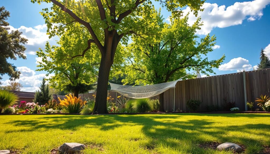 A serene garden scene featuring a selection area for a hammock. In the foreground, a well-maintained grassy patch with a few colorful garden flowers and small rocks outlining the space. In the middle ground, two sturdy trees with lush green leaves, gently swaying in a light breeze, providing an ideal setting for the hammock to hang between them. The background showcases a sunlit garden with blooming plants, a wooden fence, and a clear blue sky with fluffy white clouds. Soft, warm sunlight filters through the trees, creating a cozy atmosphere perfect for relaxation. The composition is inviting and peaceful, highlighting the importance of choosing the right spot for a garden hammock. A serene garden scene featuring a selection area for a hammock. In the foreground, a well-maintained grassy patch with a few colorful garden flowers and small rocks outlining the space. In the middle ground, two sturdy trees with lush green leaves, gently swaying in a light breeze, providing an ideal setting for the hammock to hang between them. The background showcases a sunlit garden with blooming plants, a wooden fence, and a clear blue sky with fluffy white clouds. Soft, warm sunlight filters through the trees, creating a cozy atmosphere perfect for relaxation. The composition is inviting and peaceful, highlighting the importance of choosing the right spot for a garden hammock.