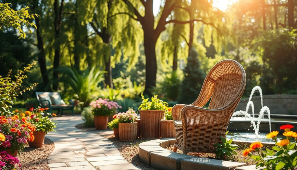 A serene garden scene featuring beautifully woven wicker decorations, such as a rustic wicker chair and an elegant basket, nestled among vibrant flowers and lush greenery. In the foreground, a sun-drenched path leads to the wicker furniture, surrounded by colorful potted plants that add a pop of color. The middle ground showcases a gently flowing water feature, reflecting the sunlight. In the background, a soft blur of tall trees provides a sense of tranquility, while dappled sunlight filters through the leaves, creating a warm and inviting atmosphere. Capture this scene with a wide-angle lens, emphasizing depth and perspective, and infuse it with a peaceful mood that highlights the charm and creativity of incorporating wicker into garden decor. A serene garden scene featuring beautifully woven wicker decorations, such as a rustic wicker chair and an elegant basket, nestled among vibrant flowers and lush greenery. In the foreground, a sun-drenched path leads to the wicker furniture, surrounded by colorful potted plants that add a pop of color. The middle ground showcases a gently flowing water feature, reflecting the sunlight. In the background, a soft blur of tall trees provides a sense of tranquility, while dappled sunlight filters through the leaves, creating a warm and inviting atmosphere. Capture this scene with a wide-angle lens, emphasizing depth and perspective, and infuse it with a peaceful mood that highlights the charm and creativity of incorporating wicker into garden decor.