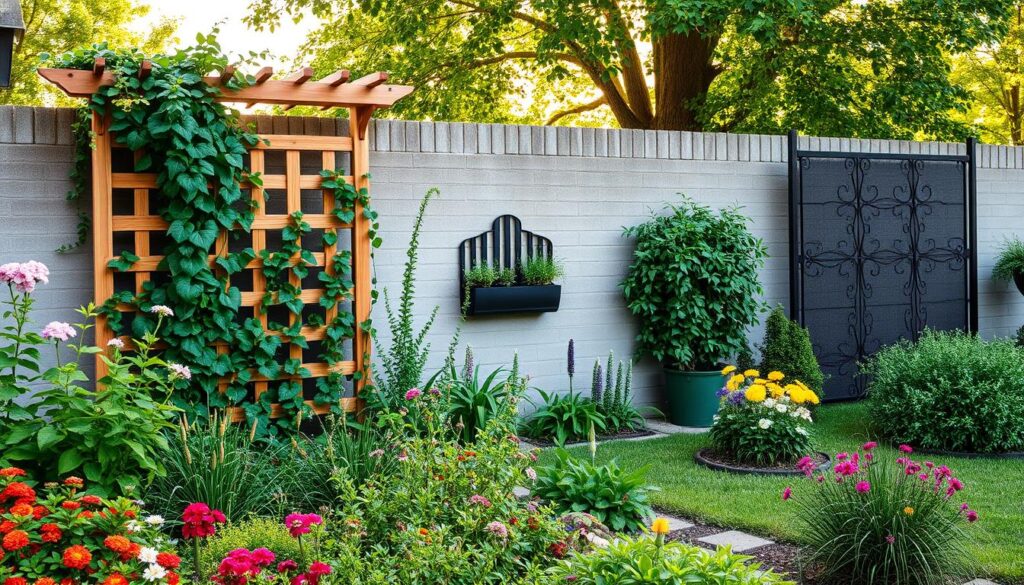 A serene garden scene showcasing various creative methods to hide an unattractive wall. In the foreground, vibrant greenery and colorful flower beds frame a tall wooden trellis adorned with climbing vines and flowering plants, providing natural beauty and concealment. In the middle ground, a stylish vertical planter filled with herbs and flowers leans against the wall, while a decorative privacy screen adds elegance. The background features soft sunlight filtering through tree leaves, casting a warm, inviting glow. Capture this scene from a slightly elevated angle to provide depth, emphasizing the lushness of the garden and the innovative designs used to cover the wall. Aim for a peaceful and harmonious atmosphere.