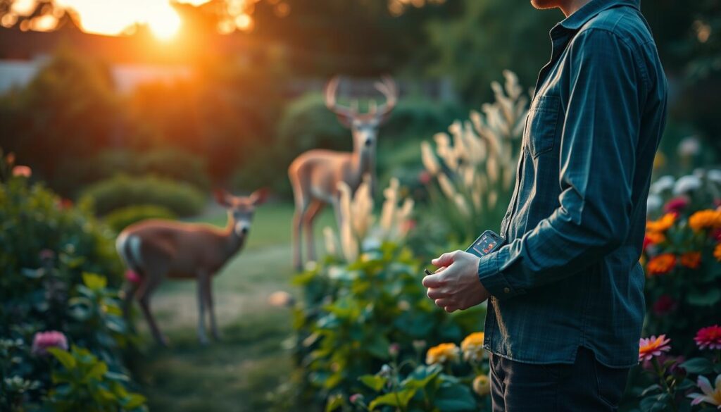 A serene garden setting at dusk, featuring lush green plants and vibrant flowers, with a subtle blur of a deer in the background listening intently. In the foreground, a person dressed in casual but professional attire stands with a small portable device that emits sound waves designed to deter deer, capturing their attention. The device emits a faint glow, hinting at the technology behind it. Soft, warm lighting from the setting sun creates a tranquil ambiance, while shadows stretch across the garden. The mood is both peaceful and slightly tense, emphasizing the delicate balance of nature and modern deterrents in a vibrant outdoor space. A serene garden setting at dusk, featuring lush green plants and vibrant flowers, with a subtle blur of a deer in the background listening intently. In the foreground, a person dressed in casual but professional attire stands with a small portable device that emits sound waves designed to deter deer, capturing their attention. The device emits a faint glow, hinting at the technology behind it. Soft, warm lighting from the setting sun creates a tranquil ambiance, while shadows stretch across the garden. The mood is both peaceful and slightly tense, emphasizing the delicate balance of nature and modern deterrents in a vibrant outdoor space.