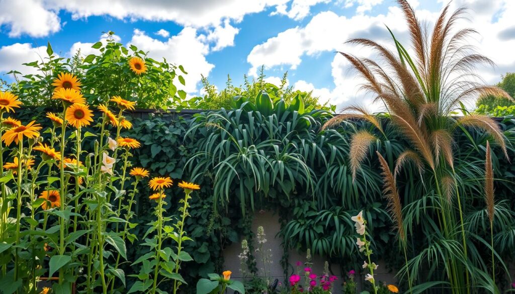 A serene garden space featuring tall plants and flowers artfully arranged to conceal an unattractive wall. In the foreground, a variety of vibrant flowering plants like sunflowers and hollyhocks stand tall, their colors popping under soft, warm sunlight. The middle layer showcases lush greenery with climbing vines and ornamental grasses draping gracefully over the wall, adding texture and depth. In the background, a faint glimpse of a beautiful blue sky peeks through scattered clouds, enhancing the tranquil atmosphere. The scene is captured from a slightly elevated angle, highlighting the interplay between the plants and the wall. The overall mood is inviting and refreshing, perfect for inspiring decorative ideas in outdoor spaces.