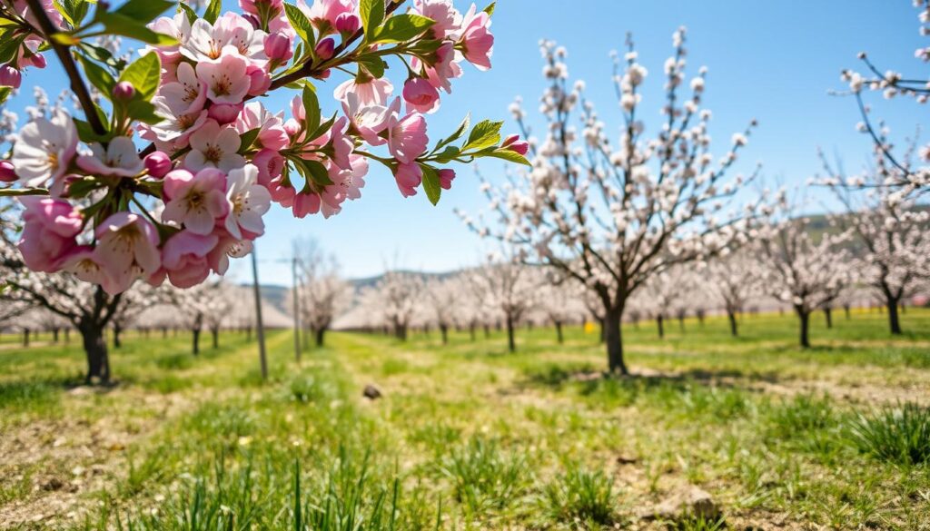 A serene spring landscape featuring blooming fruit trees in April, showcasing vibrant pink and white blossoms against a clear blue sky. In the foreground, a close-up of a young apple tree with delicate flowers, surrounded by freshly sprouted green grass. The middle ground portrays a diverse orchard with various fruit trees, such as cherry and pear, all flourishing in their early bloom. The background reveals rolling hills under soft afternoon sunlight, casting gentle shadows. The scene conveys a tranquil and hopeful atmosphere of spring, symbolizing new growth and the joy of planting. The angle focuses on the trees while capturing the expansive beauty of the garden, emphasizing the lushness of springtime.