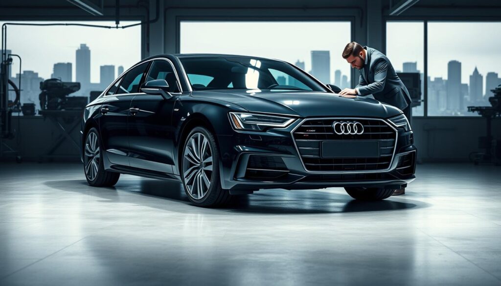 A sleek Audi A6 C7 hybrid, positioned prominently in the foreground, showcasing its elegant body design with a focus on the alternative engine at the front. The middle ground features a well-lit garage setting, highlighting technical equipment and tools that hint at the advanced engineering behind alternative engines. In the background, subtle silhouettes of a city skyline can be seen through a large window, conveying a modern, urban atmosphere. The lighting is bright but soft, emphasizing the curves of the vehicle and casting gentle shadows. A professional mechanic in smart casual attire inspects the engine, adding a human touch to the scene. The overall mood is technical and informative, inviting viewers to explore the innovative technology of alternative engines in the Audi A6 C7. A sleek Audi A6 C7 hybrid, positioned prominently in the foreground, showcasing its elegant body design with a focus on the alternative engine at the front. The middle ground features a well-lit garage setting, highlighting technical equipment and tools that hint at the advanced engineering behind alternative engines. In the background, subtle silhouettes of a city skyline can be seen through a large window, conveying a modern, urban atmosphere. The lighting is bright but soft, emphasizing the curves of the vehicle and casting gentle shadows. A professional mechanic in smart casual attire inspects the engine, adding a human touch to the scene. The overall mood is technical and informative, inviting viewers to explore the innovative technology of alternative engines in the Audi A6 C7.