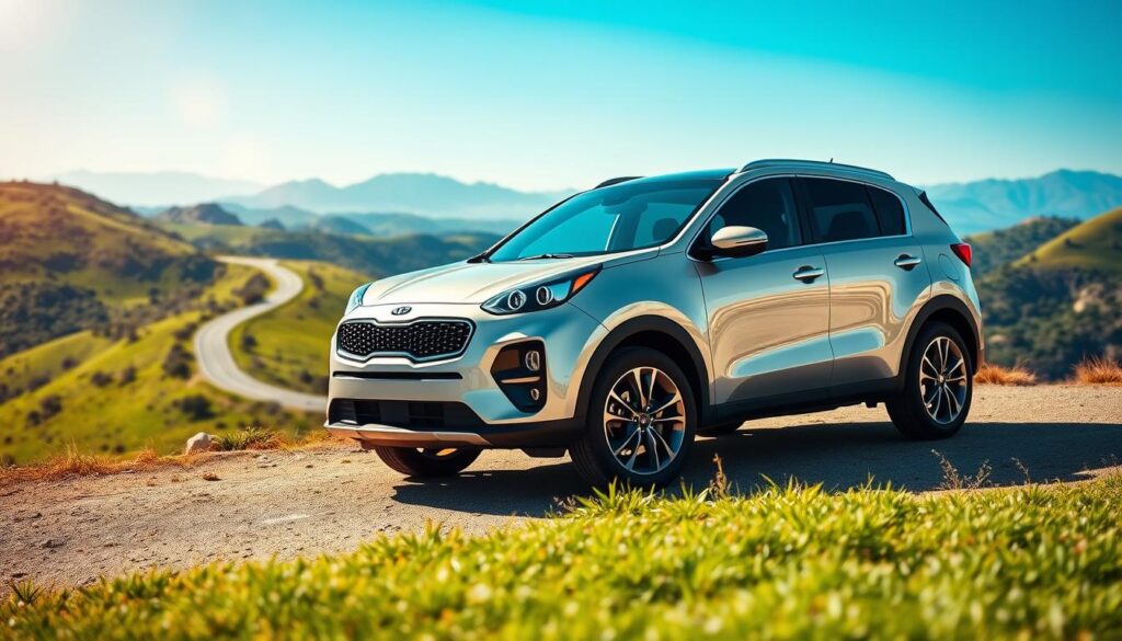 A sleek Kia Sportage IV parked prominently on a scenic overlook, showcasing its modern design. In the foreground, the car's polished exterior glistens under bright daylight, emphasizing its curves and sharp lines. The mid-ground features an open road winding through lush green hills, symbolizing adventure and freedom. In the background, clear blue skies contrast with distant mountains, enhancing the sense of exploration. The scene is illuminated by warm sunlight, casting soft shadows that highlight the vehicle's features. The atmosphere should feel dynamic and engaging, appealing to car enthusiasts and potential buyers. The angle of the shot captures the car at a slight three-quarter view, offering a glimpse of both the front and side profile.