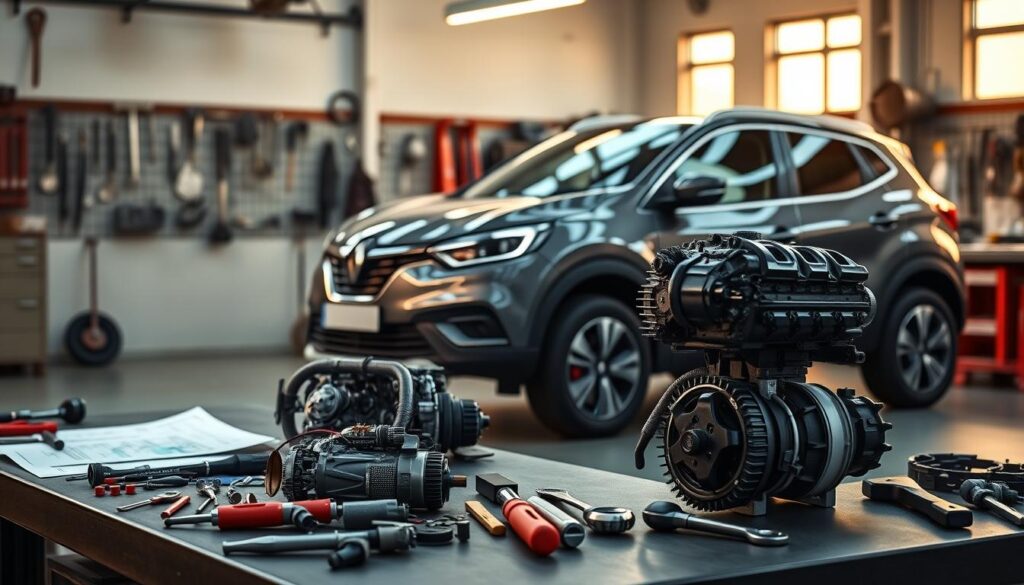 A sleek Renault Kadjar stands prominently in the foreground, showcasing its modern design and dynamic lines, illuminated by soft early morning light to highlight its glossy finish. The vehicle is displayed in profile, emphasizing its distinctive headlights and sporty contours. In the middle ground, a variety of engine components and technical diagrams are spread out on a workbench, symbolizing the discussion of engine choices, with tools and parts structured neatly alongside. The background features a serene automotive workshop with tools hanging on the walls, bathed in warm, inviting light that invites viewers into a professional yet approachable atmosphere. A subtle depth of field blurs the background slightly, keeping focus on the Renault Kadjar and the engine components, evoking a sense of precision and automotive passion.