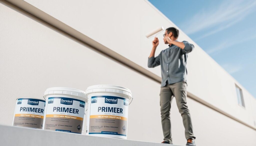 A sleek, modern exterior wall being primed with a high-quality primer for façade applications. In the foreground, a professional in modest casual clothing applies the primer using a roller, demonstrating the process. The middle ground features large containers of primer labeled with details about their high adhesion and weather-resistance properties. The background shows a freshly painted building under a clear blue sky, evoking a sense of renewal and preparedness for winter. Soft natural lighting enhances the textures of the wall and primer. The overall mood is professional and focused, highlighting the importance of preparing facades before colder months without any distractions.