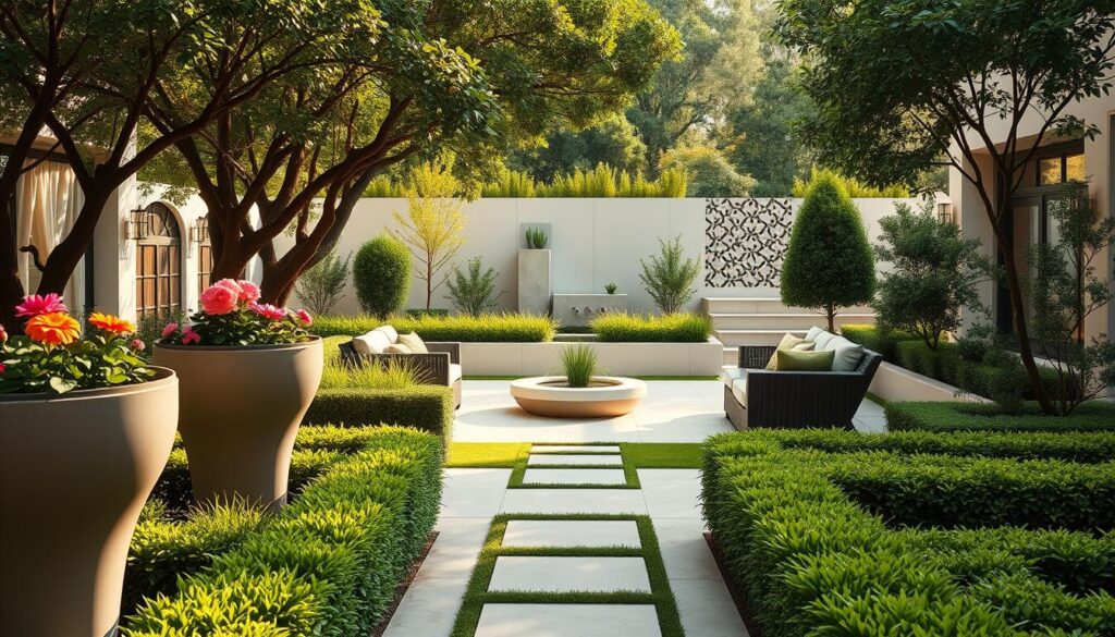 A stylish garden showcasing modern design trends, featuring elegant planters with colorful flowers in the foreground, surrounded by neatly trimmed hedges. In the middle ground, a chic seating area with contemporary outdoor furniture accentuated by tasteful cushions, all under the dappled sunlight filtering through lush trees. The background showcases a harmonious blend of decorative pathways and architectural elements like a minimalist water feature, reflecting current fashion trends in garden aesthetics. Soft, natural lighting enhances the serene atmosphere, with warm hues illuminating the scene, creating an inviting and inspiring space for relaxation. The overall mood should convey a sense of sophistication and tranquility, embodying the essence of modern garden aesthetics. A stylish garden showcasing modern design trends, featuring elegant planters with colorful flowers in the foreground, surrounded by neatly trimmed hedges. In the middle ground, a chic seating area with contemporary outdoor furniture accentuated by tasteful cushions, all under the dappled sunlight filtering through lush trees. The background showcases a harmonious blend of decorative pathways and architectural elements like a minimalist water feature, reflecting current fashion trends in garden aesthetics. Soft, natural lighting enhances the serene atmosphere, with warm hues illuminating the scene, creating an inviting and inspiring space for relaxation. The overall mood should convey a sense of sophistication and tranquility, embodying the essence of modern garden aesthetics.