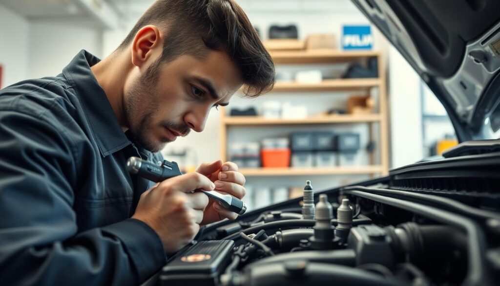 A technician in a clean, well-lit garage is inspecting and replacing car glow plugs. In the foreground, the technician, dressed in a professional mechanic's outfit, focuses intently on the engine bay, using a wrench and specialized tools. The middle layer features the engine components with the glow plugs clearly visible, showcasing the intricate details of the plugs and the engine. In the background, shelves with organized tools and spare parts hint at a professional workshop atmosphere. Soft, natural lighting illuminates the scene, creating a focused and efficient mood. The angle captures the technician's concentration and skill, emphasizing the importance of timely maintenance and repair in automotive care.