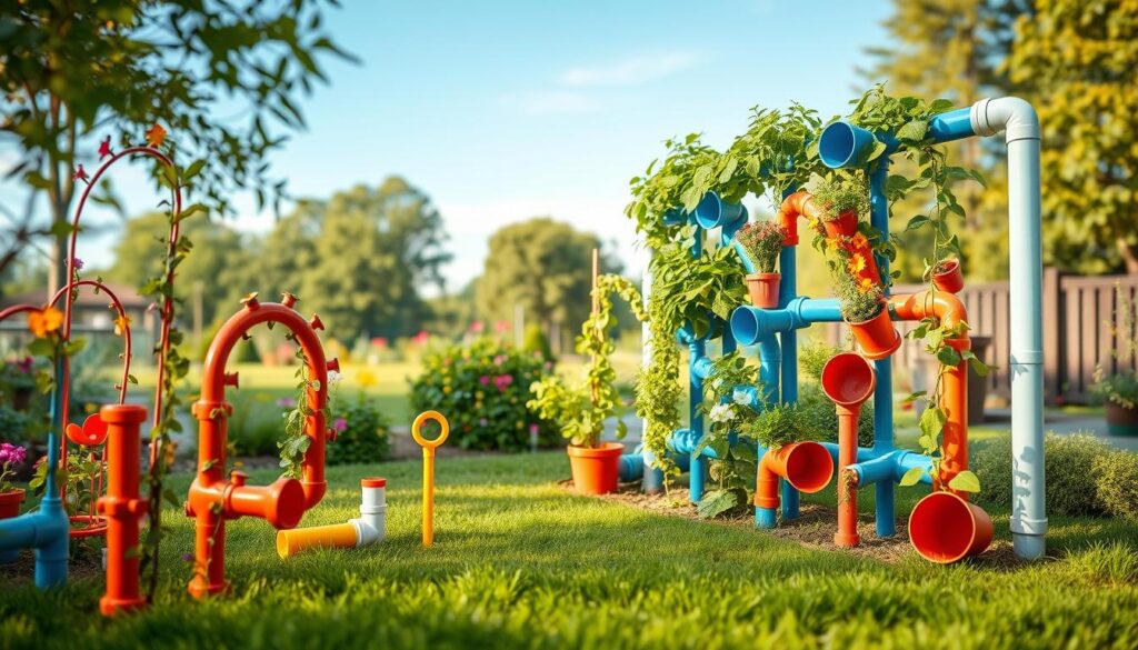 A vibrant and engaging garden scene showcasing a variety of creative projects made from PVC pipes. In the foreground, display whimsical garden sculptures and trellises constructed from colorful PVC, adorned with lush climbing plants and flowers. In the middle ground, illustrate an innovative vertical garden with pipes filled with vibrant herbs and vegetables, emphasizing sustainability. The background features a serene garden space with a soft-focus effect, including green grass, trees, and a clear blue sky. Use warm, natural lighting to create an inviting atmosphere, and a wide-angle perspective to capture the depth and detail of the projects. The overall mood should be playful and inspiring, encouraging viewers to imagine their own PVC pipe projects.