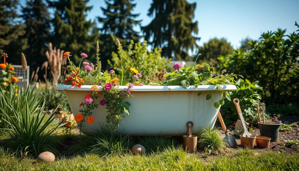 A vibrant garden scene centered around a creatively repurposed old bathtub serving as a planter. In the foreground, the bathtub is overflowing with colorful flowers, herbs, and greenery, showcasing sustainable gardening practices. The middle ground features lush grass, decorative stones, and small garden tools, emphasizing an eco-friendly atmosphere. In the background, tall trees and a clear blue sky create a serene, sunny setting, enhancing the cheerful mood. Soft, natural lighting bathes the scene, highlighting the textures of the plants and the patina of the bathtub. The angle should be slightly elevated to capture the full beauty of the garden layout, conveying a sense of warmth and inviting harmony with nature. A vibrant garden scene centered around a creatively repurposed old bathtub serving as a planter. In the foreground, the bathtub is overflowing with colorful flowers, herbs, and greenery, showcasing sustainable gardening practices. The middle ground features lush grass, decorative stones, and small garden tools, emphasizing an eco-friendly atmosphere. In the background, tall trees and a clear blue sky create a serene, sunny setting, enhancing the cheerful mood. Soft, natural lighting bathes the scene, highlighting the textures of the plants and the patina of the bathtub. The angle should be slightly elevated to capture the full beauty of the garden layout, conveying a sense of warmth and inviting harmony with nature.