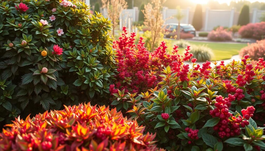 A vibrant garden scene featuring decorative shrubs as companions to barberries. In the foreground, a lush, colorful mix of ornamental shrubs with intricate leaf patterns and seasonal flowers, creating a rich tapestry of textures. The middle ground showcases barberries with their striking red and green foliage, harmoniously blending with the surrounding plants. In the background, a serene garden setting with soft sunlight filtering through. The mood is tranquil and inviting, evoking a sense of natural beauty. Use a wide-angle lens perspective to capture the full layout, emphasizing the interplay of colors and shapes, with warm golden-hour lighting to enrich the scene's warmth and vibrancy. A vibrant garden scene featuring decorative shrubs as companions to barberries. In the foreground, a lush, colorful mix of ornamental shrubs with intricate leaf patterns and seasonal flowers, creating a rich tapestry of textures. The middle ground showcases barberries with their striking red and green foliage, harmoniously blending with the surrounding plants. In the background, a serene garden setting with soft sunlight filtering through. The mood is tranquil and inviting, evoking a sense of natural beauty. Use a wide-angle lens perspective to capture the full layout, emphasizing the interplay of colors and shapes, with warm golden-hour lighting to enrich the scene's warmth and vibrancy.