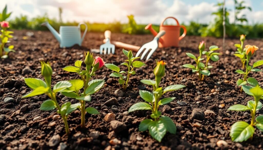 A vibrant garden scene showcasing prepared soil for roses, focused on rich, dark brown earth mixed with organic compost and small pebbles. In the foreground, fresh rose saplings with lush green leaves are ready to be planted, some with bright buds indicating different colors blooming soon. The middle ground features garden tools like a trowel and hand rake, alongside a watering can, emphasizing the preparation process. In the background, a sunny sky with soft, fluffy clouds casts gentle light over the scene, enhancing the warm and nurturing atmosphere. The image should be captured from a slightly elevated angle, highlighting the intricate texture of the soil and the vibrant colors of the rose saplings, portraying a sense of hope and growth. A vibrant garden scene showcasing prepared soil for roses, focused on rich, dark brown earth mixed with organic compost and small pebbles. In the foreground, fresh rose saplings with lush green leaves are ready to be planted, some with bright buds indicating different colors blooming soon. The middle ground features garden tools like a trowel and hand rake, alongside a watering can, emphasizing the preparation process. In the background, a sunny sky with soft, fluffy clouds casts gentle light over the scene, enhancing the warm and nurturing atmosphere. The image should be captured from a slightly elevated angle, highlighting the intricate texture of the soil and the vibrant colors of the rose saplings, portraying a sense of hope and growth.