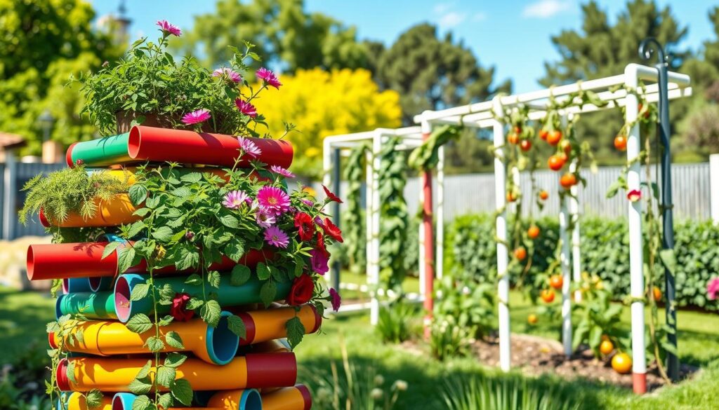 A vibrant garden scene showcasing the creative use of PVC pipes in various gardening applications. In the foreground, a colorful vertical planter made from stacked PVC pipes, overflowing with lush herbs and vibrant flowers. In the middle ground, several PVC pipe trellises supporting climbing plants, such as beans and tomatoes, creating a lively structure. The background features a sunny garden with a clear blue sky, framed by green trees and shrubs. Soft, natural lighting enhances the colors and details, while a slight depth of field focuses on the PVC installations. The atmosphere is cheerful and inviting, emphasizing innovation in gardening.