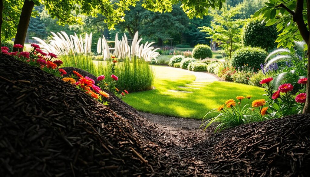 A vibrant garden scene showcasing the use of bark mulch in landscape design. In the foreground, carefully arranged piles of rich, dark bark surround colorful flower beds filled with various blooming plants, highlighting their natural beauty. In the middle ground, a well-maintained garden path is framed by lush green grass and ornamental grasses that sway gently in the breeze. The background features a serene garden with a mix of trees and shrubs, creating a tapestry of greenery that enhances the scene. Soft, warm sunlight filters through the leaves, casting dappled shadows across the ground, giving the atmosphere a calm and inviting feel. The perspective is slightly elevated, capturing both detail and depth in this picturesque outdoor setting.