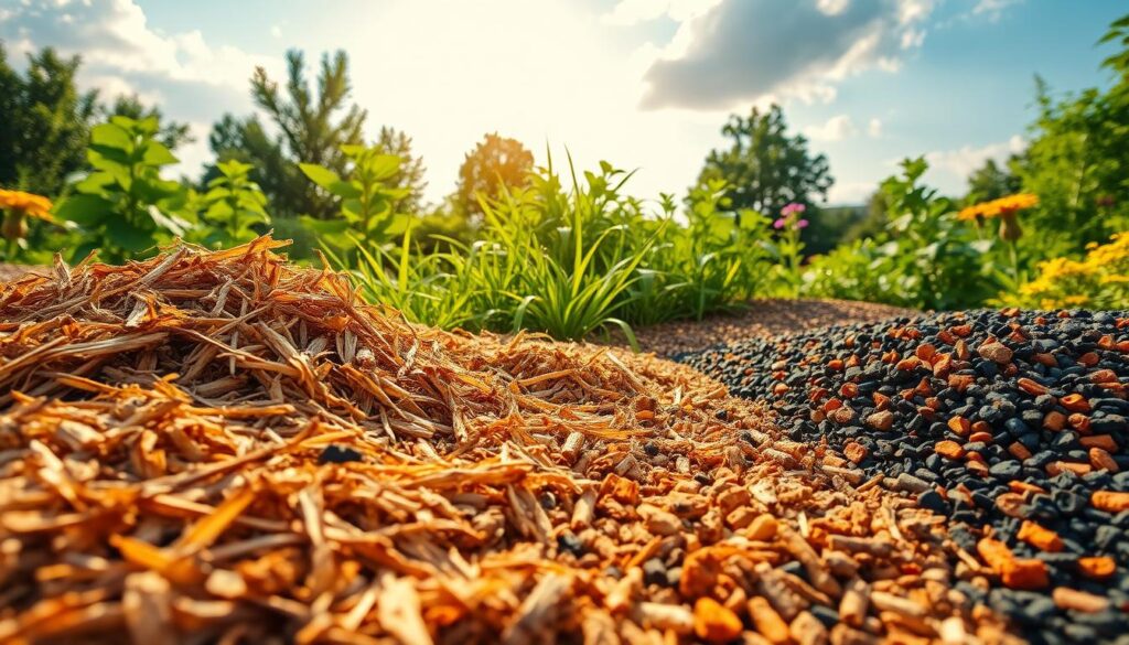 A vibrant garden scene showcasing various types of mulch materials in an organized layout. In the foreground, texture-rich wooden mulch, soft straw, and colorful rubber mulch are arranged in distinct patches, each illustrating the diversity. In the middle ground, lush green plants and flowers thrive among the mulch, highlighting their healthy growth. The background features a sunny sky with gentle clouds, casting warm, natural lighting over the scene, creating a cheerful atmosphere. A close-up perspective captures the intricate details of the mulch textures, with a slight depth of field to soften the background. The overall mood is inviting and informative, perfect for showcasing innovative gardening techniques and sustainable landscaping options.