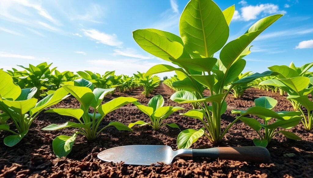 A vibrant ginger plantation illustrating the ideal conditions for growing ginger. In the foreground, healthy, lush green ginger plants with their characteristic broad leaves spread out on rich, dark soil. The middle ground features a well-organized garden bed with rows of ginger plants, interspersed with moisture-retaining mulch. Behind, a bright blue sky with a few wispy clouds suggests a sunny day, enhancing the optimistic mood of growth. Soft sunlight bathes the scene, highlighting the vibrant greens and earthy tones. A gentle breeze is implied through the slight movement of the leaves. Include a garden tool, like a trowel, resting on the ground for added context, and focus on a natural, harmonious atmosphere conducive to ginger cultivation. A vibrant ginger plantation illustrating the ideal conditions for growing ginger. In the foreground, healthy, lush green ginger plants with their characteristic broad leaves spread out on rich, dark soil. The middle ground features a well-organized garden bed with rows of ginger plants, interspersed with moisture-retaining mulch. Behind, a bright blue sky with a few wispy clouds suggests a sunny day, enhancing the optimistic mood of growth. Soft sunlight bathes the scene, highlighting the vibrant greens and earthy tones. A gentle breeze is implied through the slight movement of the leaves. Include a garden tool, like a trowel, resting on the ground for added context, and focus on a natural, harmonious atmosphere conducive to ginger cultivation.