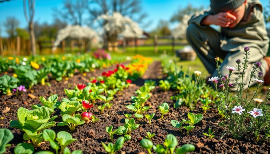 A vibrant spring garden in April, bursting with fresh greenery and blooming flowers. In the foreground, a variety of young plants being carefully tended by a gardener in modest outdoor clothing, kneeling on rich, dark soil. The middle ground features neat rows of colorful vegetables like lettuce, radishes, and peas, alongside flowering herbs such as basil and thyme. In the background, a softly blurred garden fence and blossoming trees paint a serene countryside scene under a clear blue sky. The warm sunlight casts a gentle glow, enhancing the lively colors and creating a peaceful atmosphere of growth and renewal in the air. The composition captures the essence of early spring gardening, emphasizing the excitement of planting new life.