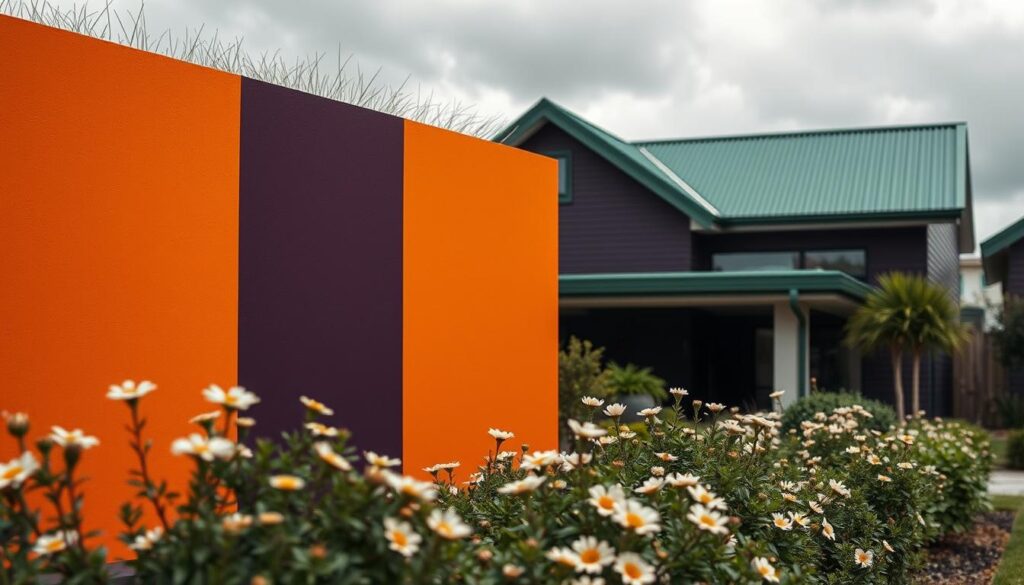 A visually striking image showcasing an exterior wall painted in a bold, vibrant color, set against a green roof. The wall displays a mix of colors that clash, such as bright orange and dark purple, symbolizing the colors to avoid. In the foreground, a well-maintained garden features neutral-colored flowers, emphasizing harmony amidst the contrasting wall. The middle ground includes a modern home with a green roof, elegantly designed yet overshadowed by the intense wall color. The background captures a cloudy sky, adding drama to the scene. The lighting is soft and diffused, creating a contemplative mood. The composition uses a slightly tilted angle to enhance the visual impact of the color contrasts without any text or branding elements.