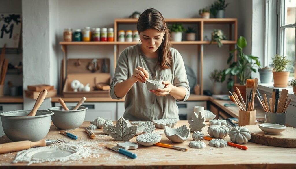 A well-lit workspace filled with tools and materials for creating concrete garden decorations. In the foreground, a sturdy workbench is covered with mixing tools, a bowl of wet concrete, molds of various shapes like leaves and flowers, and brushes. In the middle, a person in modest casual clothing is carefully pouring concrete into a mold, their focused expression showcasing the hands-on aspect of the DIY project. The background features a neatly organized shelf with jars of paint and decorative elements, alongside potted plants adding a touch of greenery. Soft, natural lighting filters in from a nearby window, creating a warm and inviting atmosphere that encourages creativity and craftsmanship. A well-lit workspace filled with tools and materials for creating concrete garden decorations. In the foreground, a sturdy workbench is covered with mixing tools, a bowl of wet concrete, molds of various shapes like leaves and flowers, and brushes. In the middle, a person in modest casual clothing is carefully pouring concrete into a mold, their focused expression showcasing the hands-on aspect of the DIY project. The background features a neatly organized shelf with jars of paint and decorative elements, alongside potted plants adding a touch of greenery. Soft, natural lighting filters in from a nearby window, creating a warm and inviting atmosphere that encourages creativity and craftsmanship.