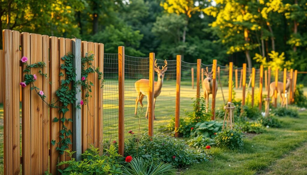 A well-maintained garden fence designed as a protective barrier against deer. In the foreground, a sturdy wooden fence with metal mesh reinforcement to keep deer out, adorned with climbing plants and vibrant flowers. The middle ground features a well-kept garden with various vegetables and herbs, showcasing the efforts to protect them. In the background, a serene forest with lush greenery, evoking the natural habitat of deer, under a soft, golden sunset light that creates a warm and tranquil atmosphere. The scene should convey a sense of security and harmony, emphasizing effective fence enhancements to deter deer. Capture the image from a slightly elevated angle to cover both the fence and the garden. A well-maintained garden fence designed as a protective barrier against deer. In the foreground, a sturdy wooden fence with metal mesh reinforcement to keep deer out, adorned with climbing plants and vibrant flowers. The middle ground features a well-kept garden with various vegetables and herbs, showcasing the efforts to protect them. In the background, a serene forest with lush greenery, evoking the natural habitat of deer, under a soft, golden sunset light that creates a warm and tranquil atmosphere. The scene should convey a sense of security and harmony, emphasizing effective fence enhancements to deter deer. Capture the image from a slightly elevated angle to cover both the fence and the garden.