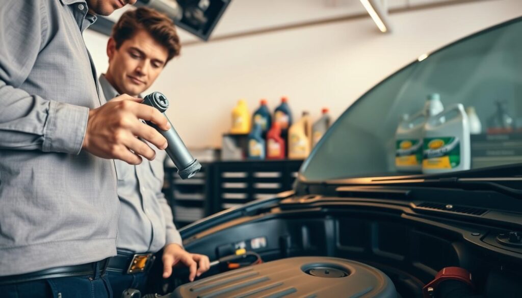 A well-organized garage setting, featuring a professional individual dressed in modest casual clothing, preparing to change the engine oil. In the foreground, the person is seen holding a digital torque wrench and checking an oil filter. The middle ground displays an open toolbox with neatly arranged tools, and an oil pan waiting for the old oil. Various containers of oil are visible on a workbench behind, with labels clearly indicating different specifications. The background includes a well-lit garage with soft, warm lighting that enhances the cleanliness and organization of the space. The scene conveys a sense of readiness and professionalism, emphasizing the importance of preparation for an oil change. The camera angle is slightly low, focusing on the person and tools, creating a dynamic perspective.