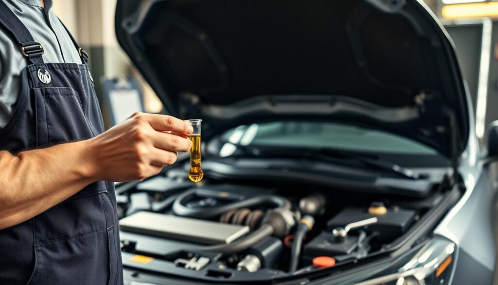 A workshop scene showcasing a mechanic in a professional overall, inspecting the oil levels in a car engine. In the foreground, features the mechanic's hands holding an oil dipstick, glistening with fresh oil against a clean engine compartment. The middle ground displays the car hood raised, revealing intricate engine components, with tools neatly organized nearby. In the background, soft, natural light illuminates the workspace, enhancing the metallic textures and reflective surfaces of the engine parts. The atmosphere is focused and informative, inspiring a sense of diligence and care toward engine maintenance. The setting conveys a sense of professionalism and expertise, without any clutter or distractions.