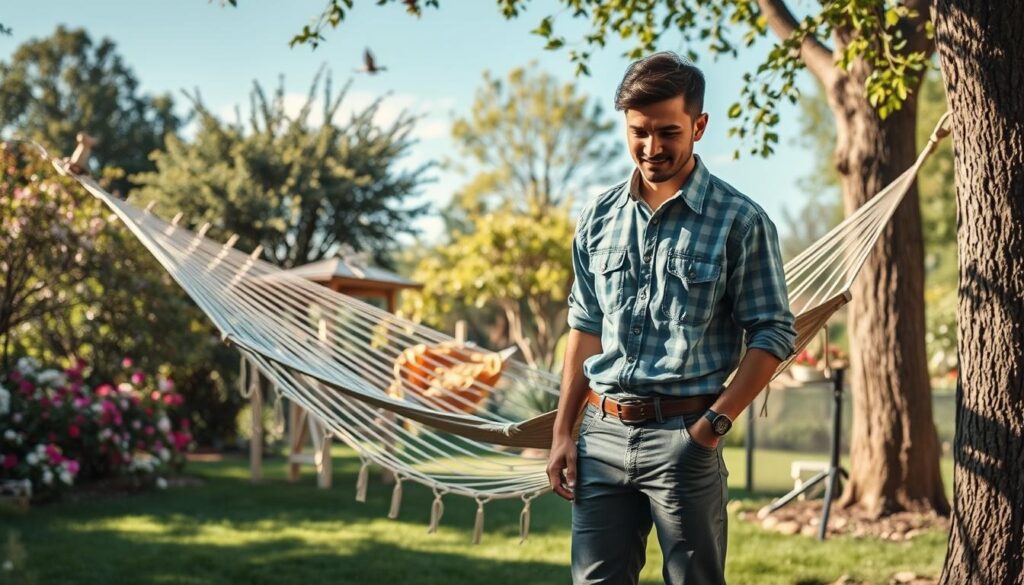 Create a serene garden scene showcasing a step-by-step guide to making a hammock. In the foreground, depict a skilled individual in tidy casual clothing, holding wooden poles and fabric, illustrating the assembly process. In the middle ground, show half-finished hammock setup with ropes attached to trees, displaying various tools such as a hammer, measuring tape, and a pair of gloves. The background should feature a lush garden with blooming flowers, birds chirping, and a clear blue sky, providing a peaceful atmosphere. Use soft, natural lighting to enhance the warm, DIY ambiance, with a slight tilt-angle perspective to capture the intricacies of the hammock construction. Aim for a vibrant, inviting feel that encourages creativity and relaxation. Create a serene garden scene showcasing a step-by-step guide to making a hammock. In the foreground, depict a skilled individual in tidy casual clothing, holding wooden poles and fabric, illustrating the assembly process. In the middle ground, show half-finished hammock setup with ropes attached to trees, displaying various tools such as a hammer, measuring tape, and a pair of gloves. The background should feature a lush garden with blooming flowers, birds chirping, and a clear blue sky, providing a peaceful atmosphere. Use soft, natural lighting to enhance the warm, DIY ambiance, with a slight tilt-angle perspective to capture the intricacies of the hammock construction. Aim for a vibrant, inviting feel that encourages creativity and relaxation.